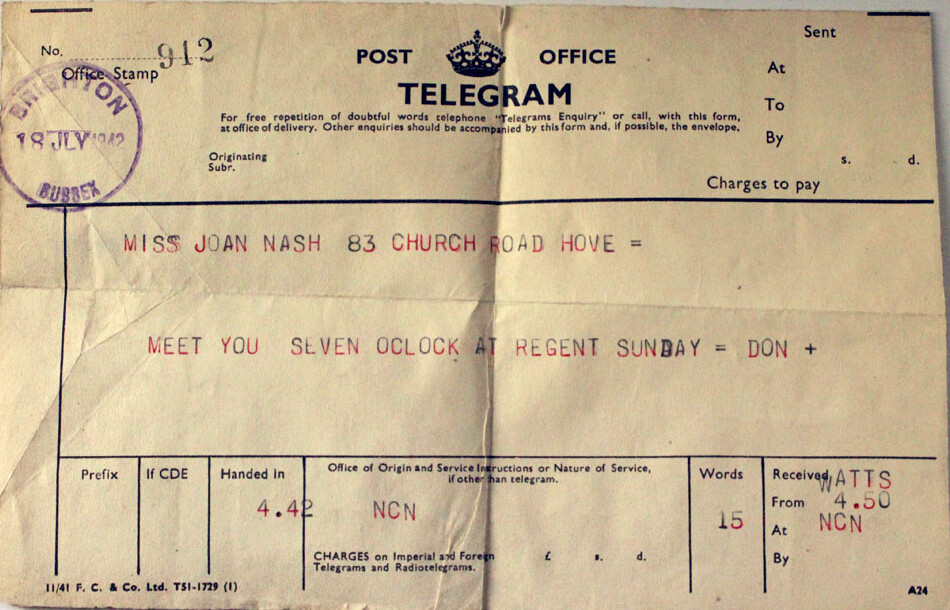 A wartime telegram addressed to Joan Nash