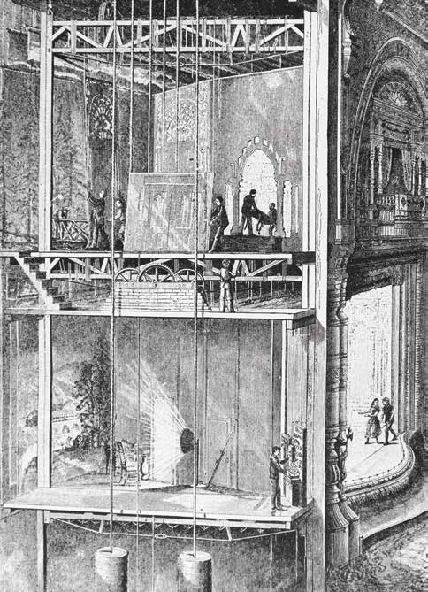 A nineteenth-century theatre shown in section: an empty chair stands in a beam of light while figures wait on the forestage